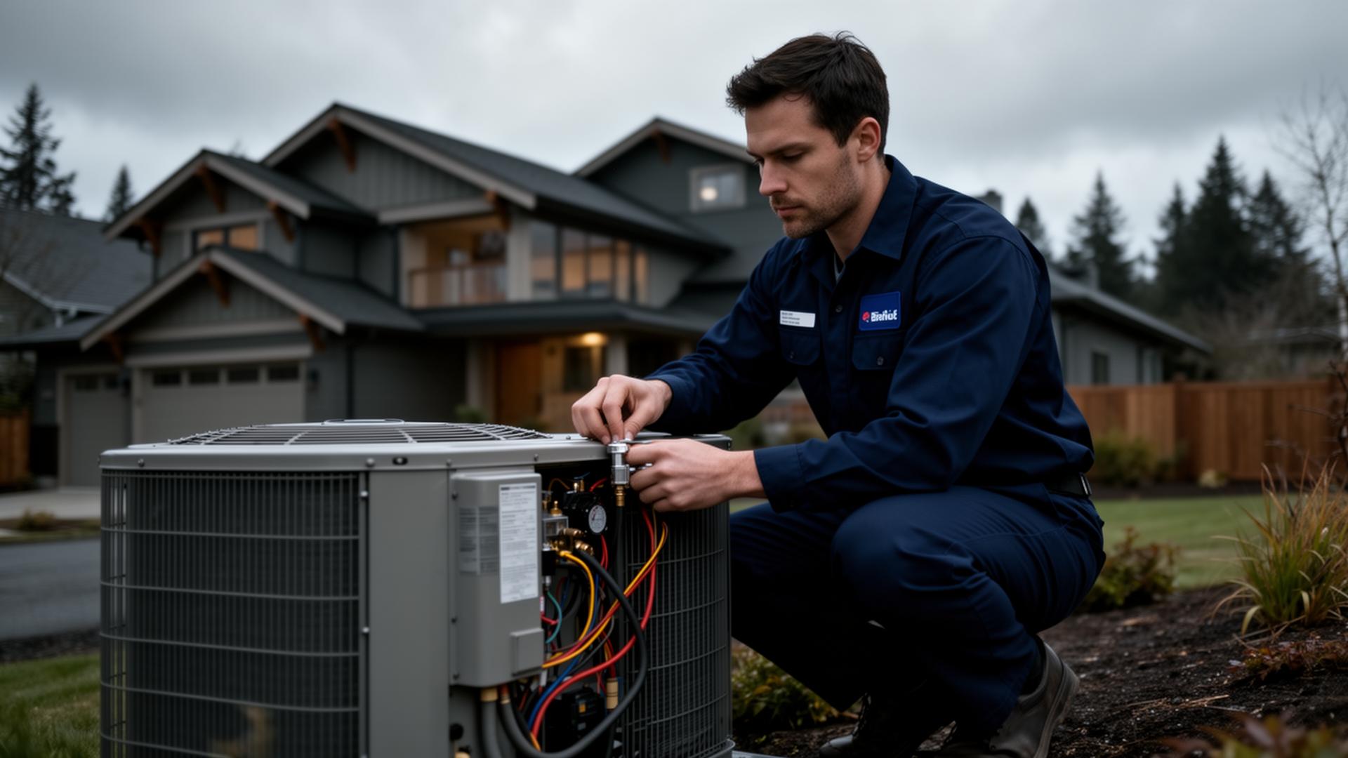 HVAC technician working on an outdoor unit at a Portland home